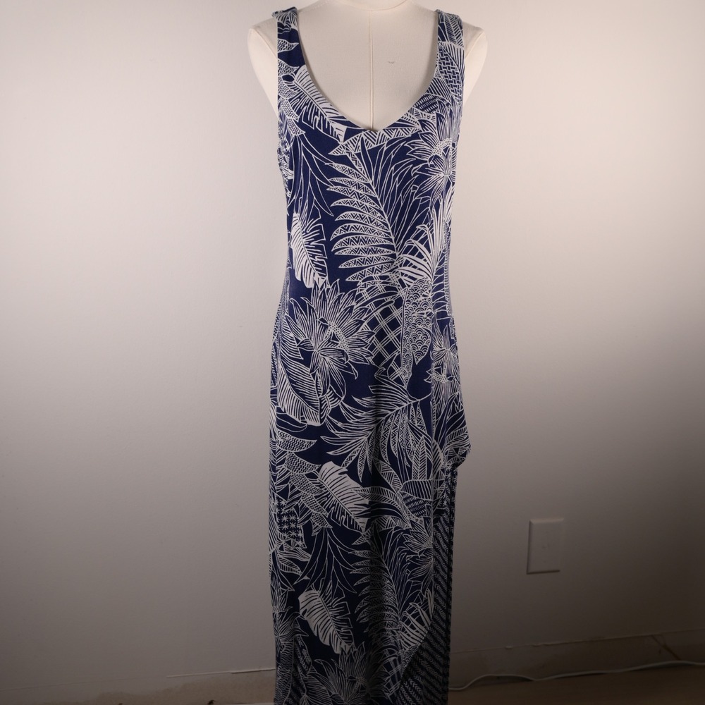 Tommy Bahama Womens Blue White Tropical Leaf Print V-Neck Maxi Dress Medium